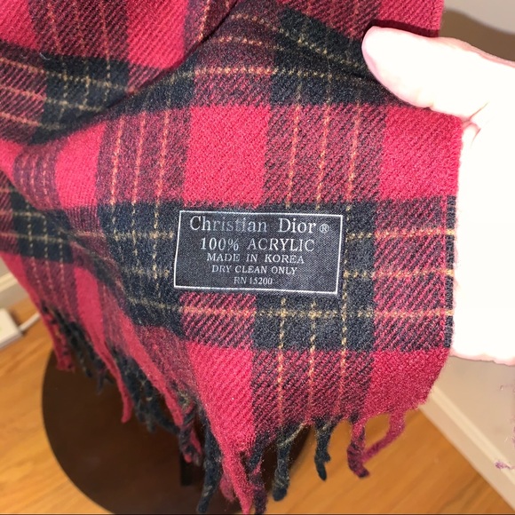 CHRISTIAN DIOR Burgundy Plaid Fringed Scarf - Picture 2 of 2
